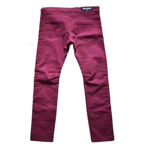 Balmain - Balmain Burgundy Embroidered Trimming Slim Stretch Jeans - US 30
